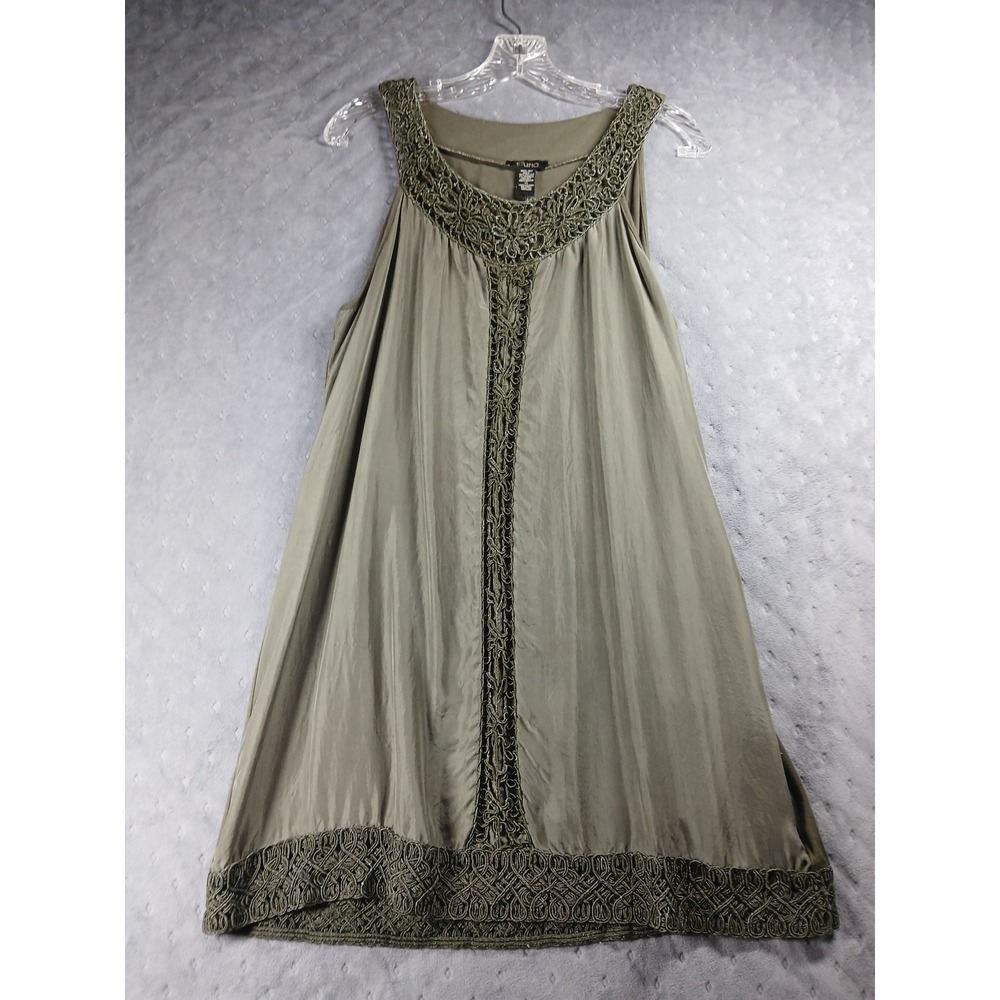 Cupio Olive Green Silk Front Crochet Lace Trim Sleeveless Shift Dress Juniors XL
